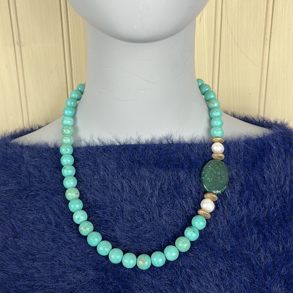 Stunning MIDWEST AMBER Genuine Pearl and Turquoise Necklace NWT - Picture 2 of 8